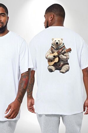 Kutup Ayısı Gitar Polar Çeket Büyük Beden Beyaz Tişört Kadın Erkek Ünisex Sırt Baskılı