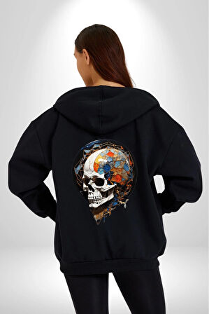 Kuru Kafa Kristal  Kadın Erkek Siyah Renk Kapüşonlu Kanguru Cepli  Fermuarlı Pamuklu Oversize Dijital Baskılı Hırka Sweatshirt