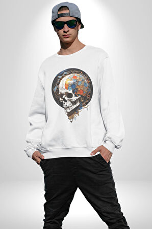Kuru Kafa Kristal  Kadın Erkek  Beyaz Baskılı Sweatshirt 