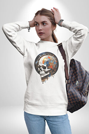 Kuru Kafa Kristal  Kadın Erkek  Beyaz Baskılı Sweatshirt 
