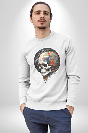 Kuru Kafa Kristal  Kadın Erkek  Beyaz Baskılı Sweatshirt 