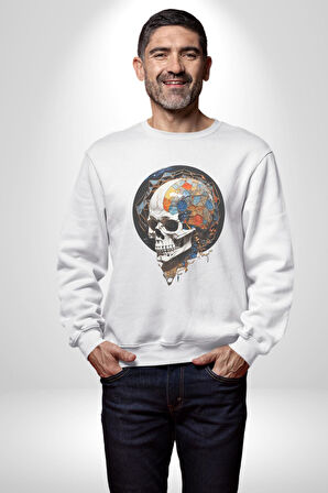 Kuru Kafa Kristal  Kadın Erkek  Beyaz Baskılı Sweatshirt 