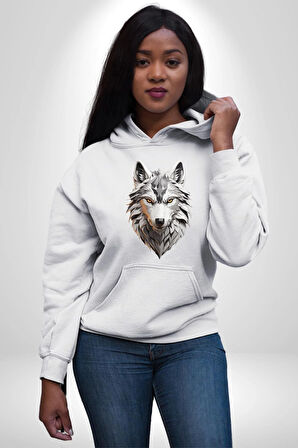 Beyaz Kurt Kafası Kadın Erkek  Beyaz Kapüşonlu Sweatshirt Hoodie