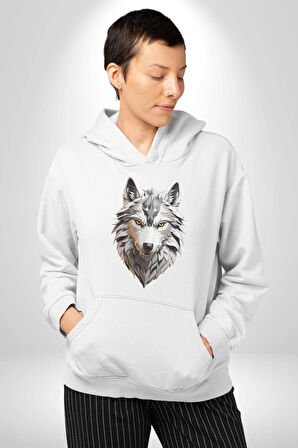 Beyaz Kurt Kafası Kadın Erkek  Beyaz Kapüşonlu Sweatshirt Hoodie