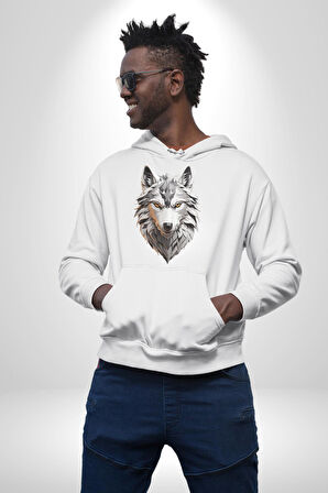 Beyaz Kurt Kafası Kadın Erkek  Beyaz Kapüşonlu Sweatshirt Hoodie