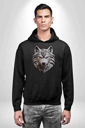 Beyaz Kurt Kafası Kadın Erkek  Siyah Kapüşonlu Sweatshirt Hoodie