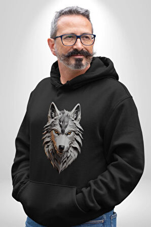Beyaz Kurt Kafası Kadın Erkek  Siyah Kapüşonlu Sweatshirt Hoodie