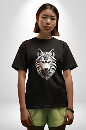 Beyaz Kurt Kafası Pamuklu Bisiklet Yaka Kadın Erkek Oversize Boyfriend Dijital Baskılı Siyah T-shirt