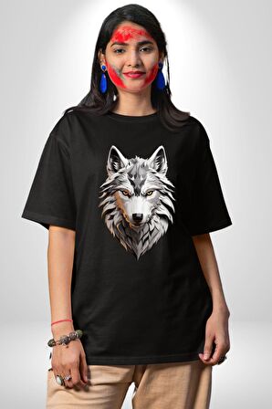 Beyaz Kurt Kafası Pamuklu Bisiklet Yaka Kadın Erkek Oversize Boyfriend Dijital Baskılı Siyah T-shirt
