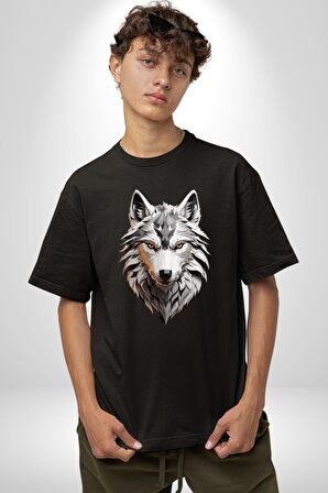 Beyaz Kurt Kafası Pamuklu Bisiklet Yaka Kadın Erkek Oversize Boyfriend Dijital Baskılı Siyah T-shirt