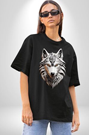 Beyaz Kurt Kafası Pamuklu Bisiklet Yaka Kadın Erkek Oversize Boyfriend Dijital Baskılı Siyah T-shirt