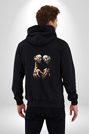 Yüz Yüze Ellerin  Uyumu Kadın Erkek Siyah Renk Kapüşonlu Kanguru Cepli  Fermuarlı Pamuklu Oversize Dijital Baskılı Hırka Sweatshirt