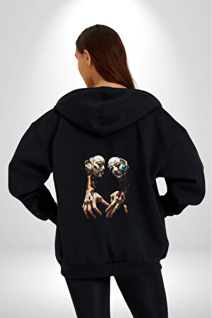 Yüz Yüze Ellerin  Uyumu Kadın Erkek Siyah Renk Kapüşonlu Kanguru Cepli  Fermuarlı Pamuklu Oversize Dijital Baskılı Hırka Sweatshirt