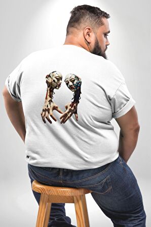 Yüz Yüze Ellerin  Uyumu Büyük Beden Beyaz Tişört Kadın Erkek Ünisex Sırt Baskılı