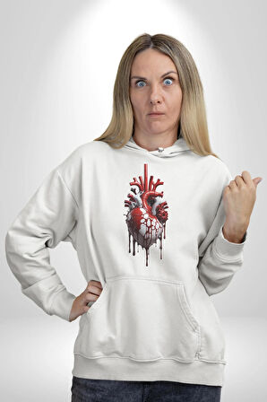 Kırmızı Beyaz Kalp Toplar Damar Kadın Erkek  Beyaz Kapüşonlu Sweatshirt Hoodie