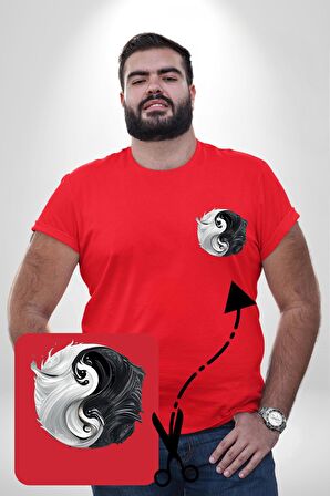 Kırmızı Beyaz Ying Yang Kırmızı Büyük Beden Kadın Basic Minimal Baskılı Tişört