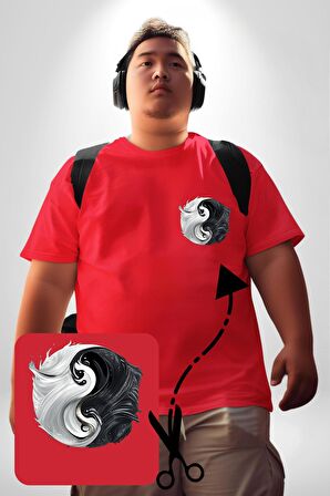 Kırmızı Beyaz Ying Yang Kırmızı Büyük Beden Kadın Basic Minimal Baskılı Tişört