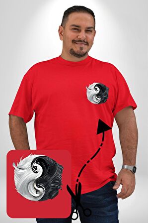 Kırmızı Beyaz Ying Yang Kırmızı Büyük Beden Kadın Basic Minimal Baskılı Tişört