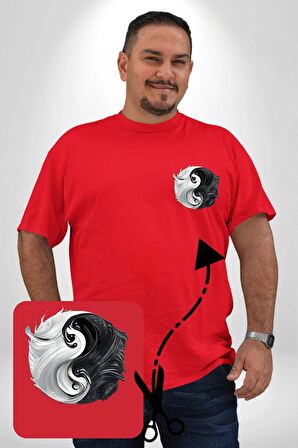 Kırmızı Beyaz Ying Yang Kırmızı Büyük Beden Kadın Basic Minimal Baskılı Tişört