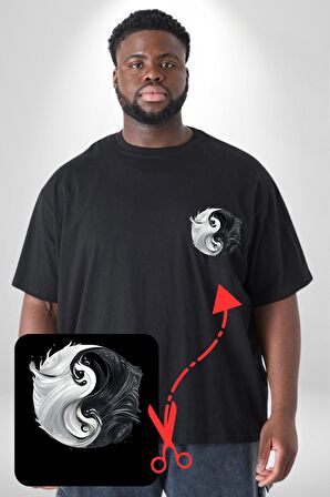 Siyah Beyaz Ying Yang Siyah Büyük Beden Kadın Basic Minimal Baskılı Tişört
