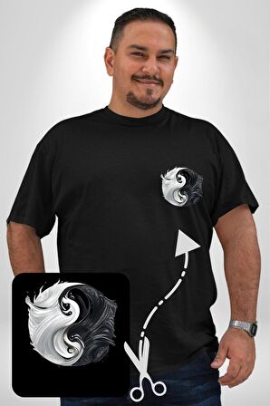 Siyah Beyaz Ying Yang Siyah Büyük Beden Kadın Basic Minimal Baskılı Tişört