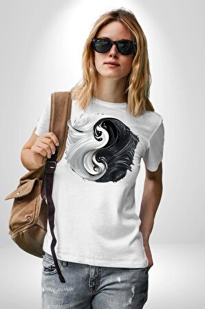 Siyah Beyaz Ying Yang Kadın Erkek Unisex Beyaz Organik Baskılı T-Shirt Penye Yüksek Kalite