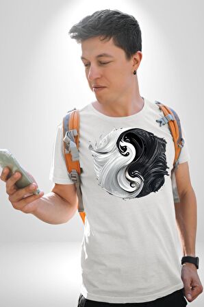 Siyah Beyaz Ying Yang Kadın Erkek Unisex Beyaz Organik Baskılı T-Shirt Penye Yüksek Kalite