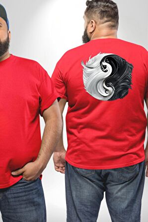 Kırmızı Beyaz Ying Yang Büyük Beden Kırmızı Tişört Kadın Erkek Ünisex Sırt Baskılı
