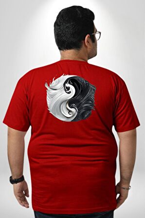 Kırmızı Beyaz Ying Yang Büyük Beden Kırmızı Tişört Kadın Erkek Ünisex Sırt Baskılı