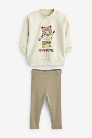 100 Pamuklu Bej Bo Ayı Desenli Jogger Alt Üst Takım