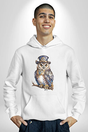 Şapkalı Amerikalı Baykuş Burjuva Baykuş Kadın Erkek  Beyaz Kapüşonlu Sweatshirt Hoodie
