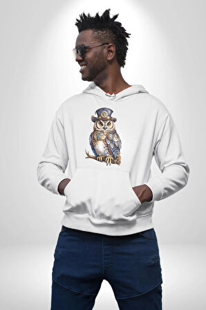 Şapkalı Amerikalı Baykuş Burjuva Baykuş Kadın Erkek  Beyaz Kapüşonlu Sweatshirt Hoodie