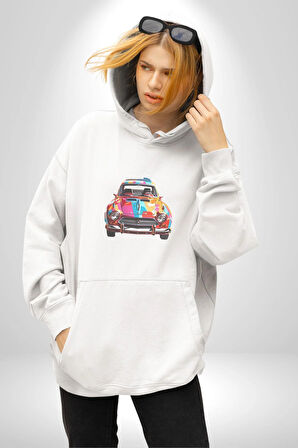 Peugeot 144 Renkli Orijinal Araba  Kadın Erkek  Beyaz Kapüşonlu Sweatshirt Hoodie