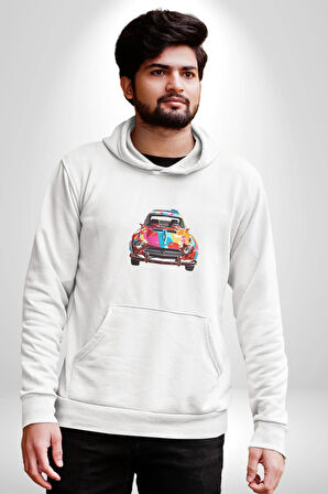 Peugeot 144 Renkli Orijinal Araba  Kadın Erkek  Beyaz Kapüşonlu Sweatshirt Hoodie