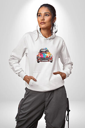 Peugeot 144 Renkli Orijinal Araba  Kadın Erkek  Beyaz Kapüşonlu Sweatshirt Hoodie