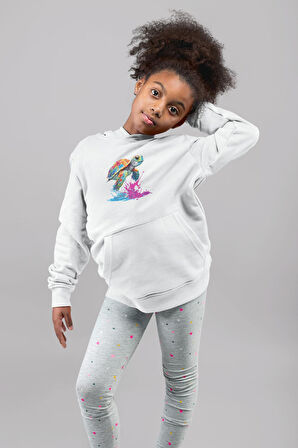Renkli Kaplumbağa Karetta Kareta Kadın Erkek  Beyaz Kapüşonlu Sweatshirt Hoodie