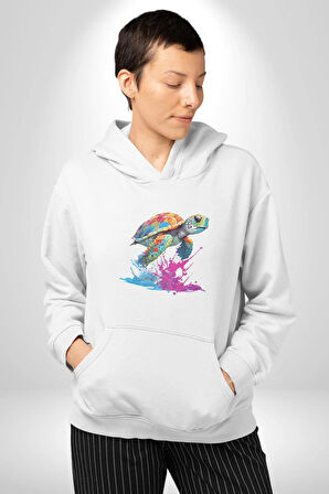 Renkli Kaplumbağa Karetta Kareta Kadın Erkek  Beyaz Kapüşonlu Sweatshirt Hoodie