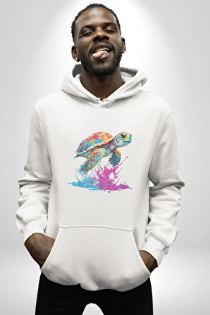 Renkli Kaplumbağa Karetta Kareta Kadın Erkek  Beyaz Kapüşonlu Sweatshirt Hoodie