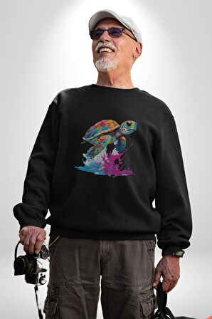 Renkli Kaplumbağa Karetta Kareta Kadın Erkek  Siyah Baskılı Sweatshirt 