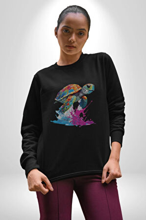Renkli Kaplumbağa Karetta Kareta Kadın Erkek  Siyah Baskılı Sweatshirt 