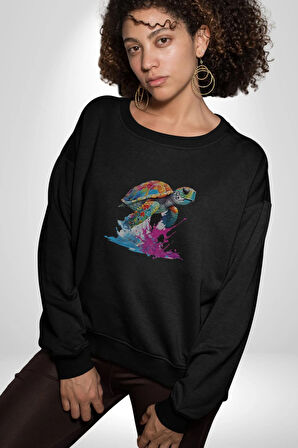 Renkli Kaplumbağa Karetta Kareta Kadın Erkek  Siyah Baskılı Sweatshirt 