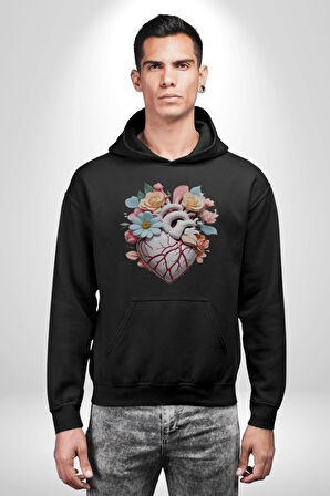 Porselen Çiçek Kalp Kadın Erkek  Siyah Kapüşonlu Sweatshirt Hoodie