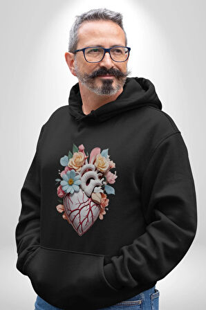 Porselen Çiçek Kalp Kadın Erkek  Siyah Kapüşonlu Sweatshirt Hoodie