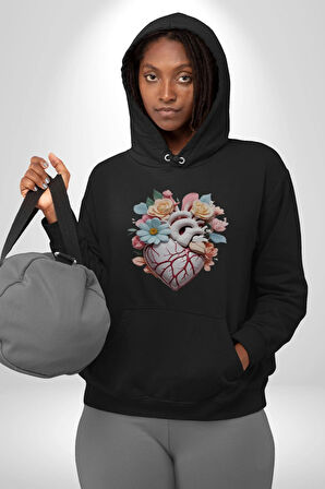 Porselen Çiçek Kalp Kadın Erkek  Siyah Kapüşonlu Sweatshirt Hoodie