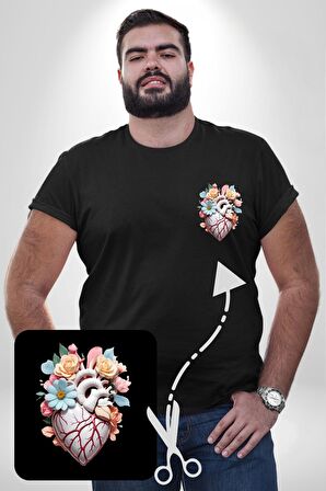 Porselen Çiçek Kalp Siyah Büyük Beden Kadın Basic Minimal Baskılı Tişört