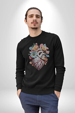 Porselen Çiçek Kalp Kadın Erkek  Siyah Baskılı Sweatshirt 