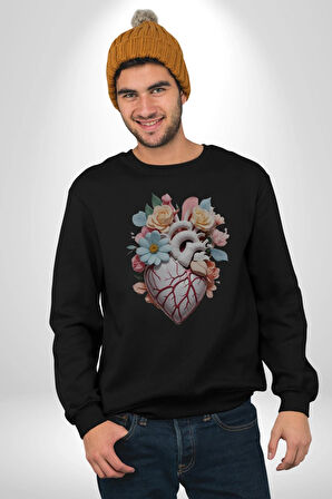 Porselen Çiçek Kalp Kadın Erkek  Siyah Baskılı Sweatshirt 