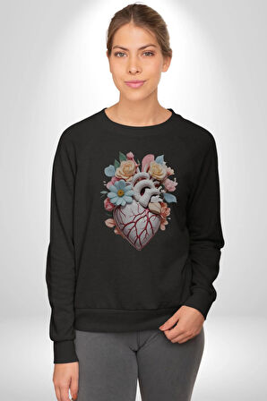 Porselen Çiçek Kalp Kadın Erkek  Siyah Baskılı Sweatshirt 