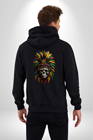 Kurukafa İskelet  Kızılderili Tüy Kartal Şefi Kadın Erkek Siyah Renk Kapüşonlu Kanguru Cepli  Fermuarlı Pamuklu Oversize Dijital Baskılı Hırka Sweatshirt