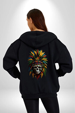 Kurukafa İskelet  Kızılderili Tüy Kartal Şefi Kadın Erkek Siyah Renk Kapüşonlu Kanguru Cepli  Fermuarlı Pamuklu Oversize Dijital Baskılı Hırka Sweatshirt